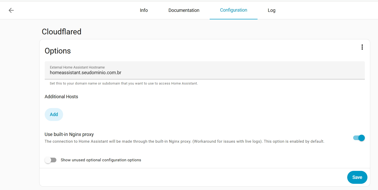Configure the addon, adding your domain/subdomain to access Home Assistant